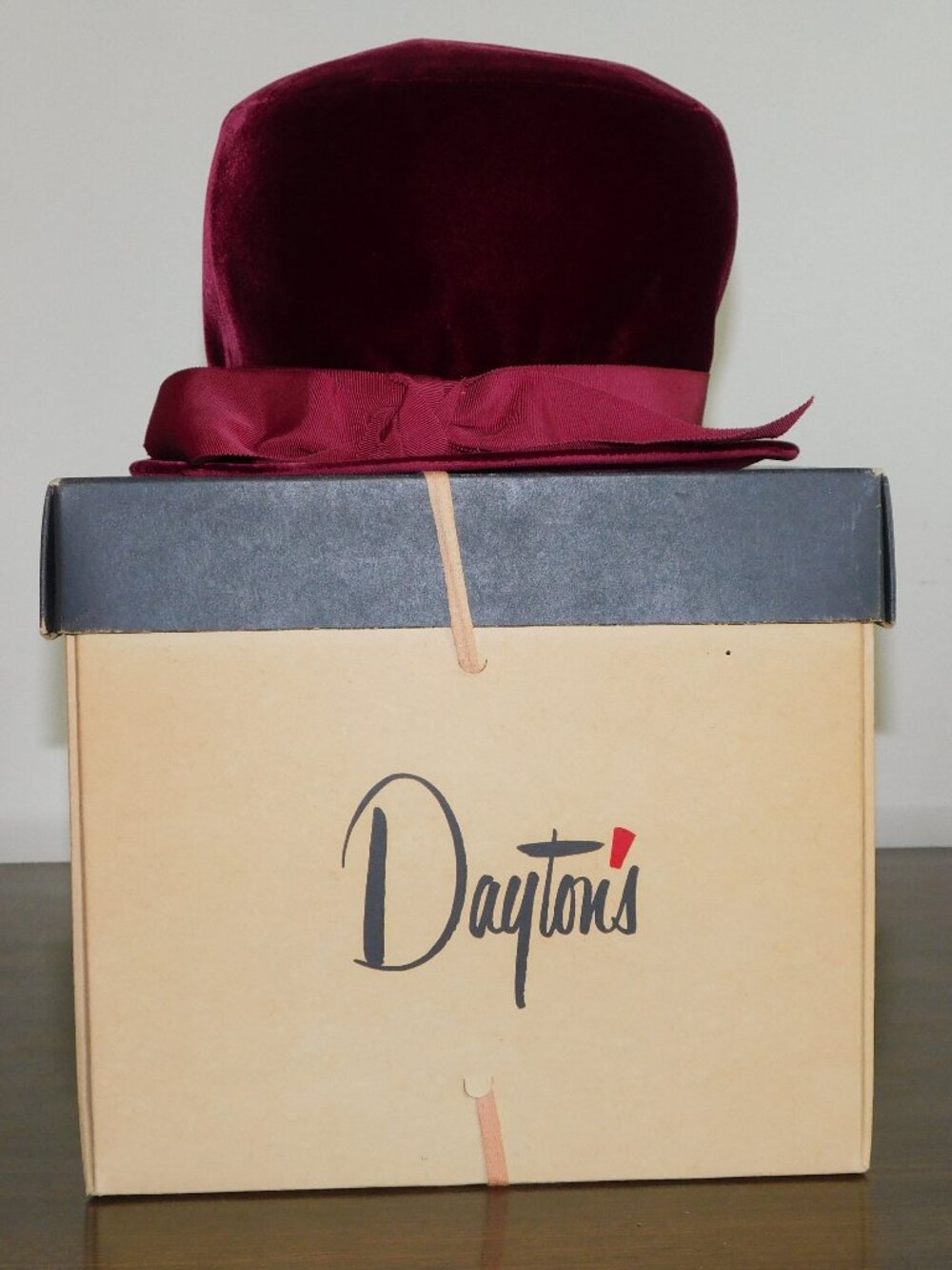 Vintage "Junior B" Burgundy Velvet Cloche Style Hat w/attached Burgundy Ribbon